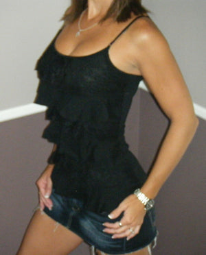Sexy Tiered Ruffle Lace Scoop Neck Low Cut Cleavage Tank Cami Top Black S/M/L