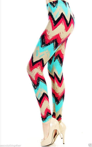 Chevron Print Zigzag Leggings Stretch Lounge Pant Lightweight Blue Maroon Tan OS