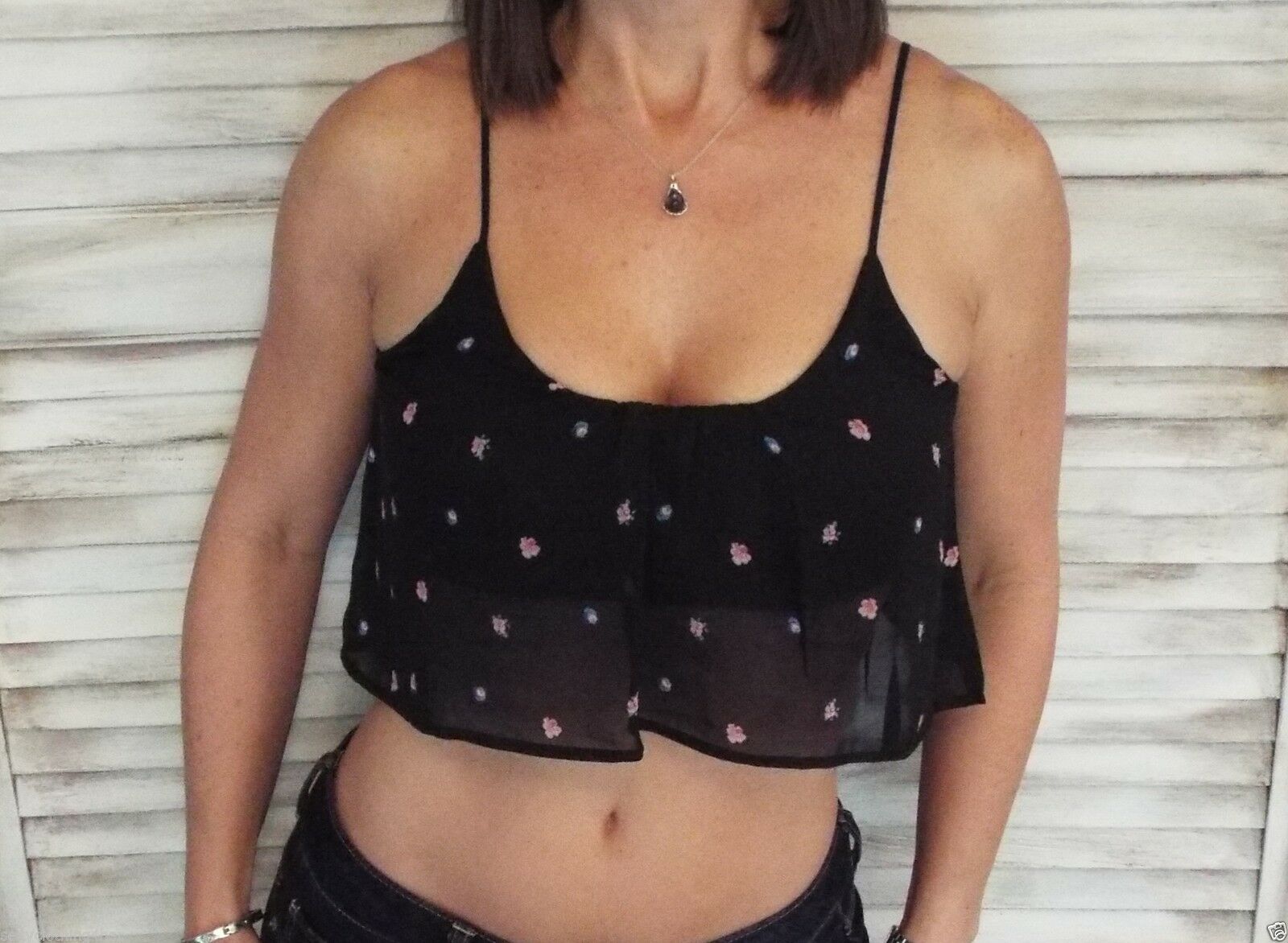 Sexy Floral Print Chiffon Ruffle Crop Spaghetti Strap Bra Top Black S/M/L