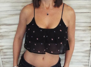 Sexy Floral Print Chiffon Ruffle Crop Spaghetti Strap Bra Top Black S/M/L