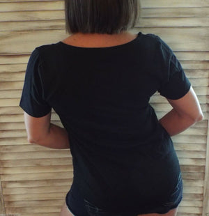 Very Sexy Loose Floaty Scoop Neck Boyfriend Raw Edge Tee Shirt Black S/M/L