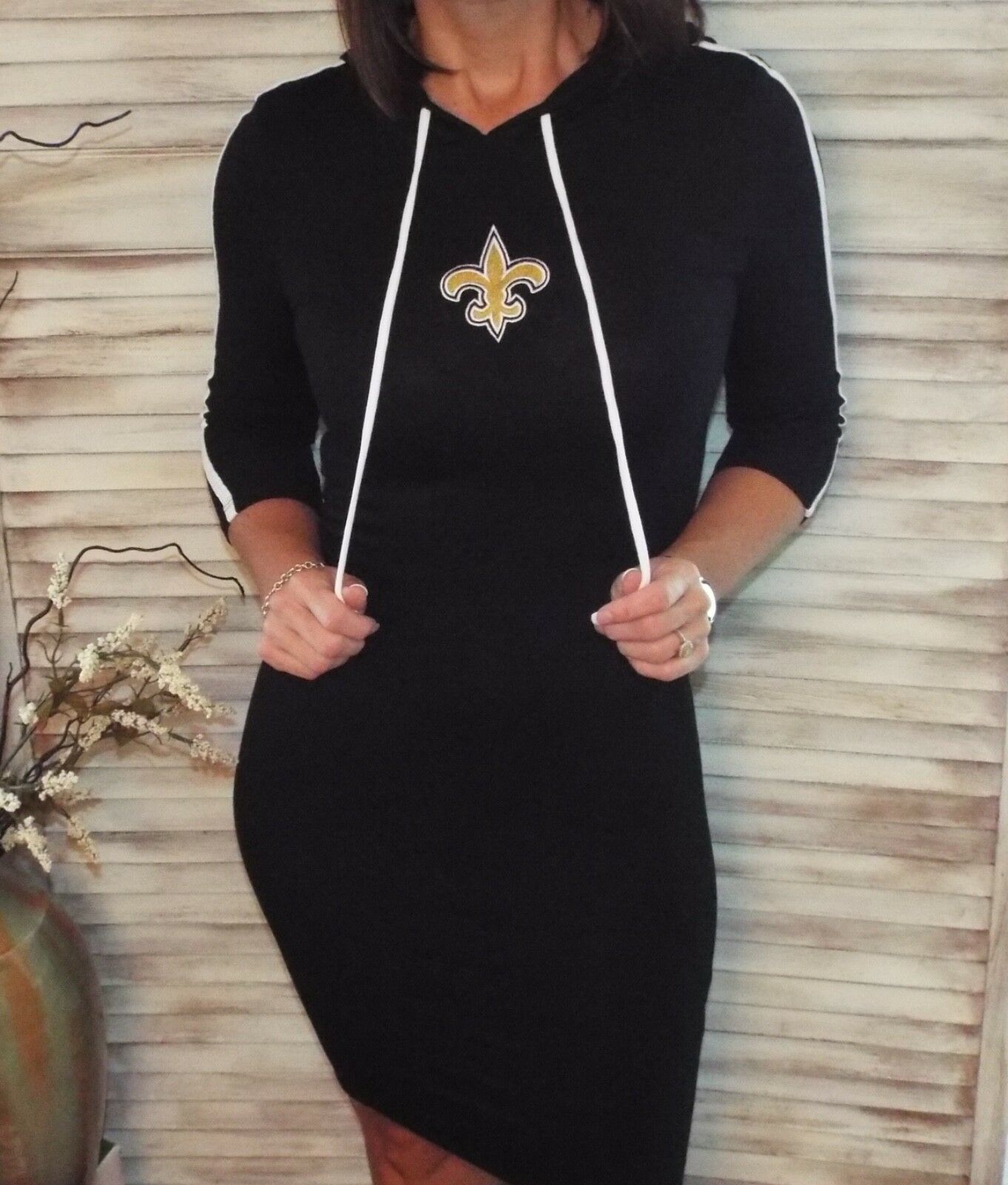 New Orleans Saints Fleur de Lis Hoodie Bodycon Stretch 3/4 Dress Black S/M/L