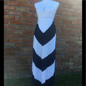 Strapless Chevron Maxi Dress Long Colorblock Tube Sundress Navy White S/M/L