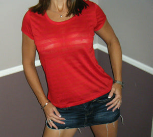 Sexy Scoop Neck Striped Burnout Semi Sheer Rolled Short Sleeve Shirt Red S/M/L