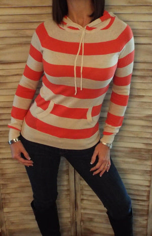 Striped Hoodie Light Sweater Kangaroo Pocket Long Sleeve Coral S/M/L
