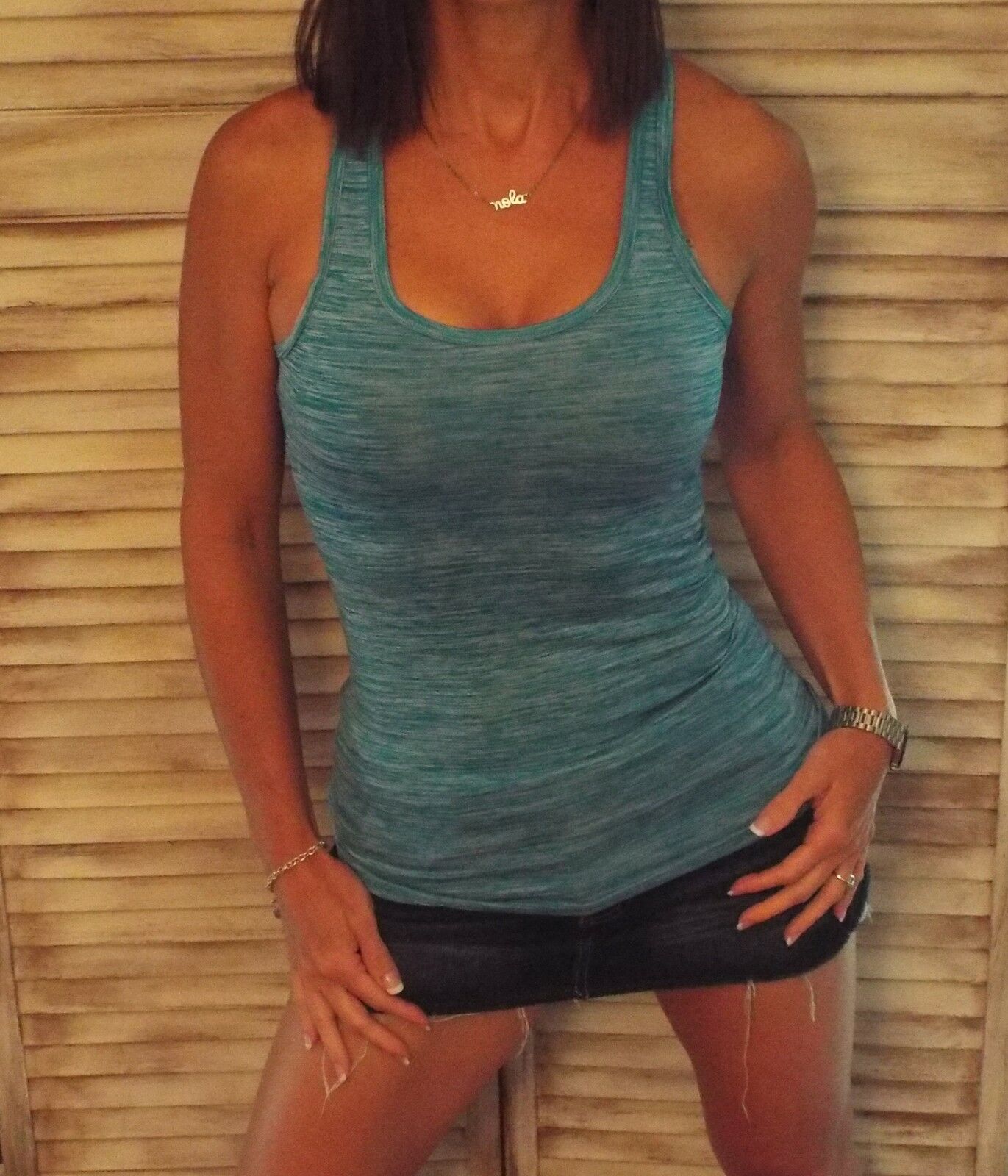 Very Sexy Two Tone Low Cut Cleavage Racerback Summer Tank Top Turquoise S/M/L/XL