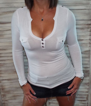 Very Sexy Deep V Neck Cleavage Military Henley Pocket Top White S/M/L