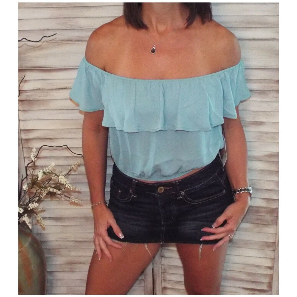 Sexy Off Shoulder Ruffle Cropped Hem Strapless Blouse Tube Top Mint Green