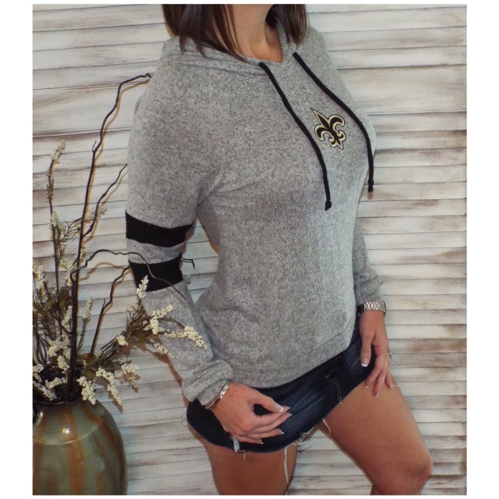 New Orleans Saints Fleur de Lis Contrast Sweater Knit Hoodie L/S Gray S/M/L
