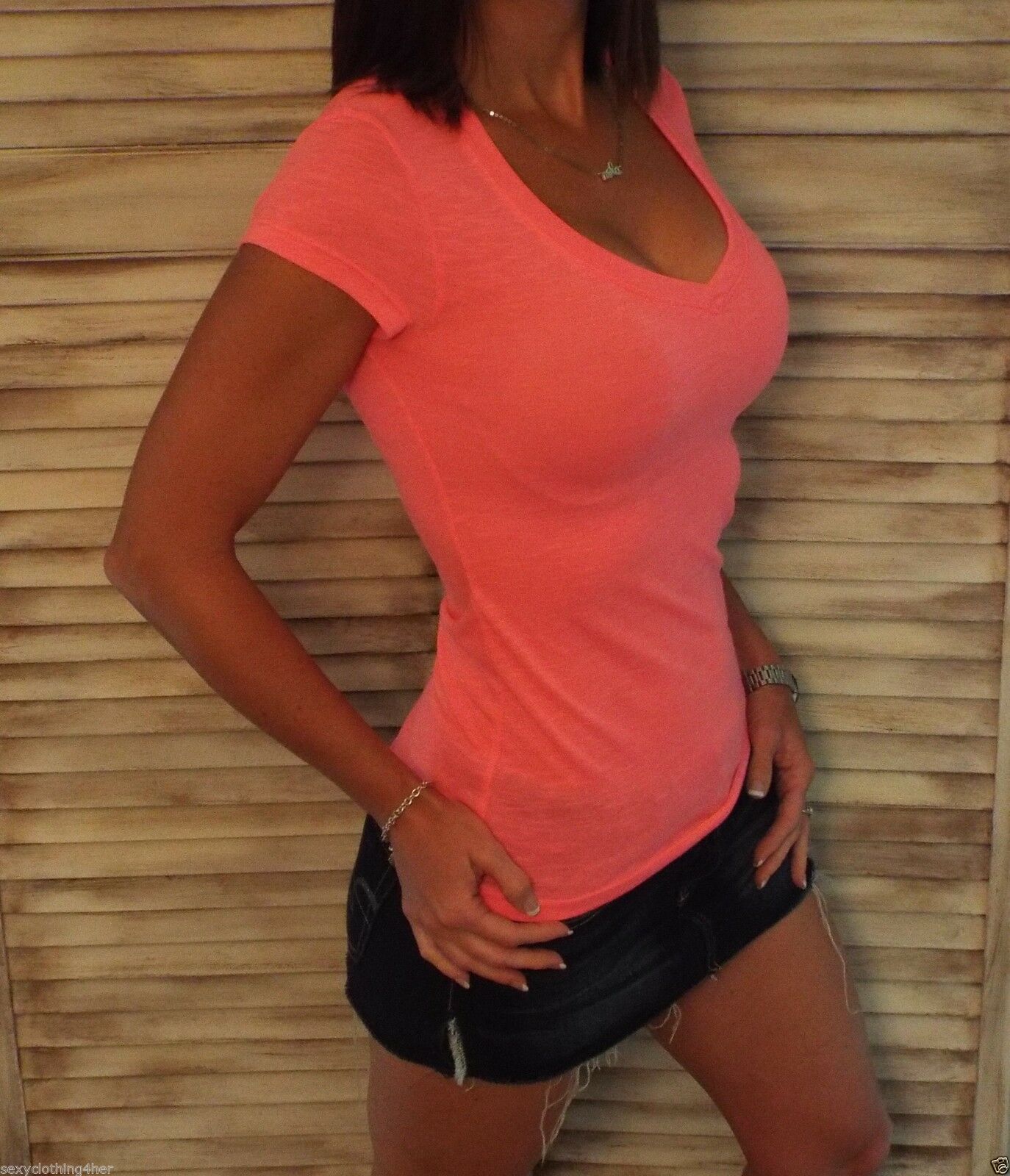 Sexy Burnout Low Cut V-Neck Cleavage Baby Slimming Tee Shirt Hot Pink S/M/L/XL