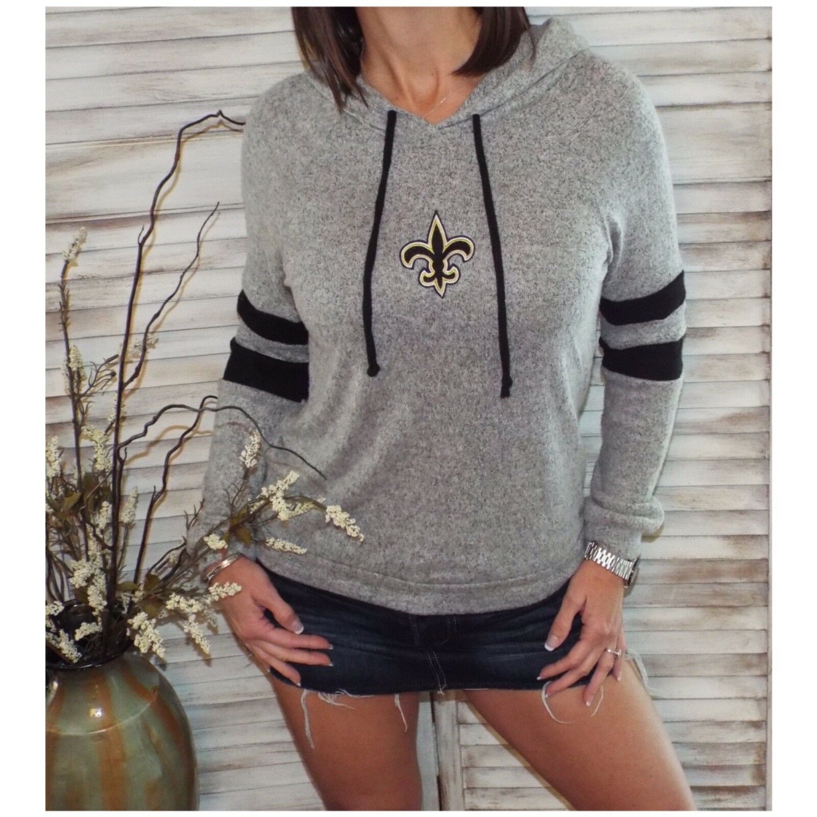 New Orleans Saints Fleur de Lis Contrast Sweater Knit Hoodie L/S Gray S/M/L