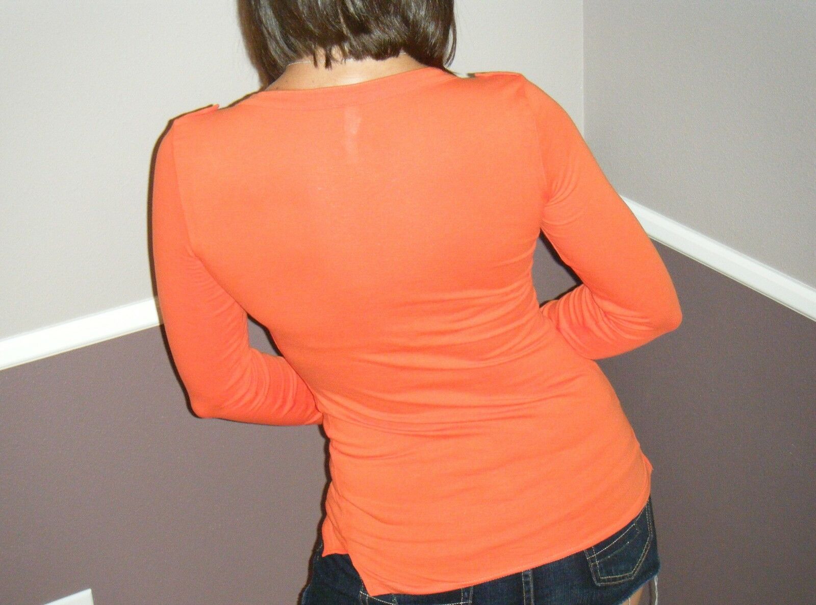 Very Sexy Deep V Neck Plunge Cleavage Military Henley Pocket Top Orange S/M/L