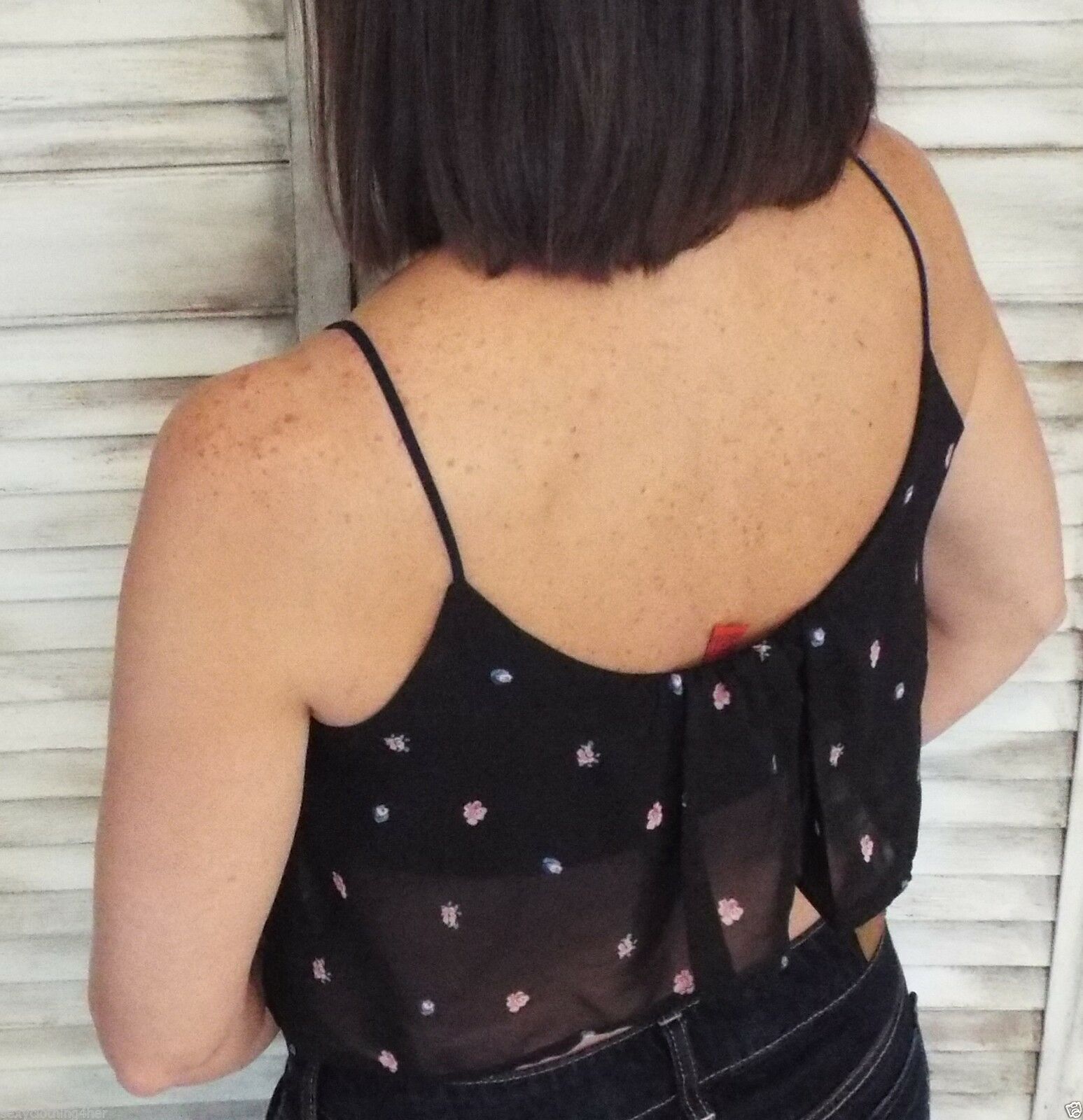Sexy Floral Print Chiffon Ruffle Crop Spaghetti Strap Bra Top Black S/M/L