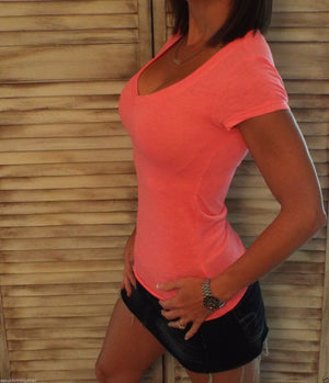 Sexy Burnout Low Cut V-Neck Cleavage Baby Slimming Tee Shirt Hot Pink S/M/L/XL