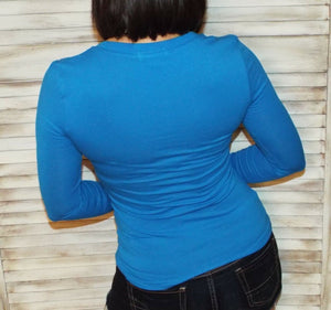 “Easygoing” Slimming Scoop Neck Low Cut L/S Tissue Basic Baby Shirt Top Blue S/M/L