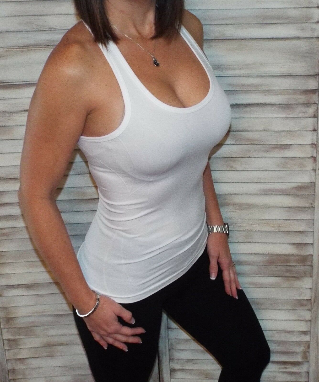 Very Sexy Low Scoop Neck Seamless Stretch Racerback Yoga Tank Top White S/M/L