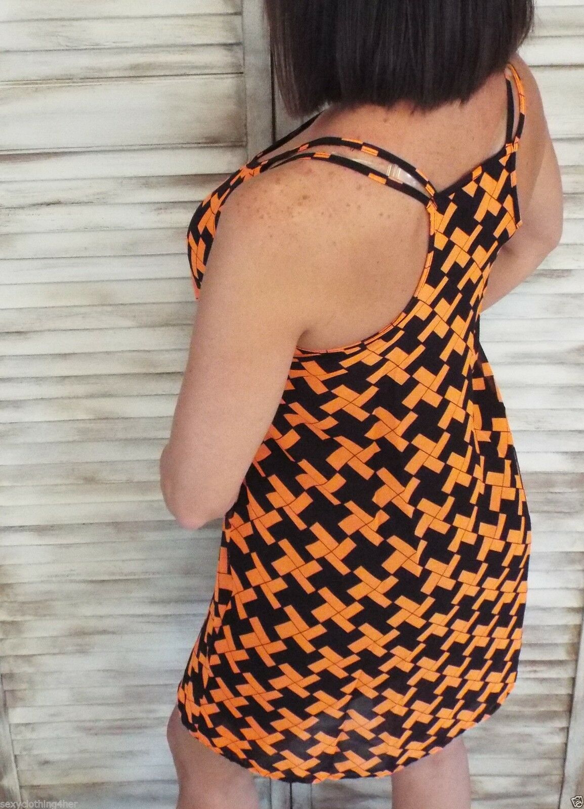"My Way" Chiffon Double Strap Racerback Sheer Overlay Dress Geometric Orange Navy S/M/L