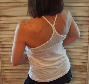 “Can’t Get Away” Low Cut Scoop Neck Mesh Racerback Shirred Tissue Tank Shirt Top White S/M/L