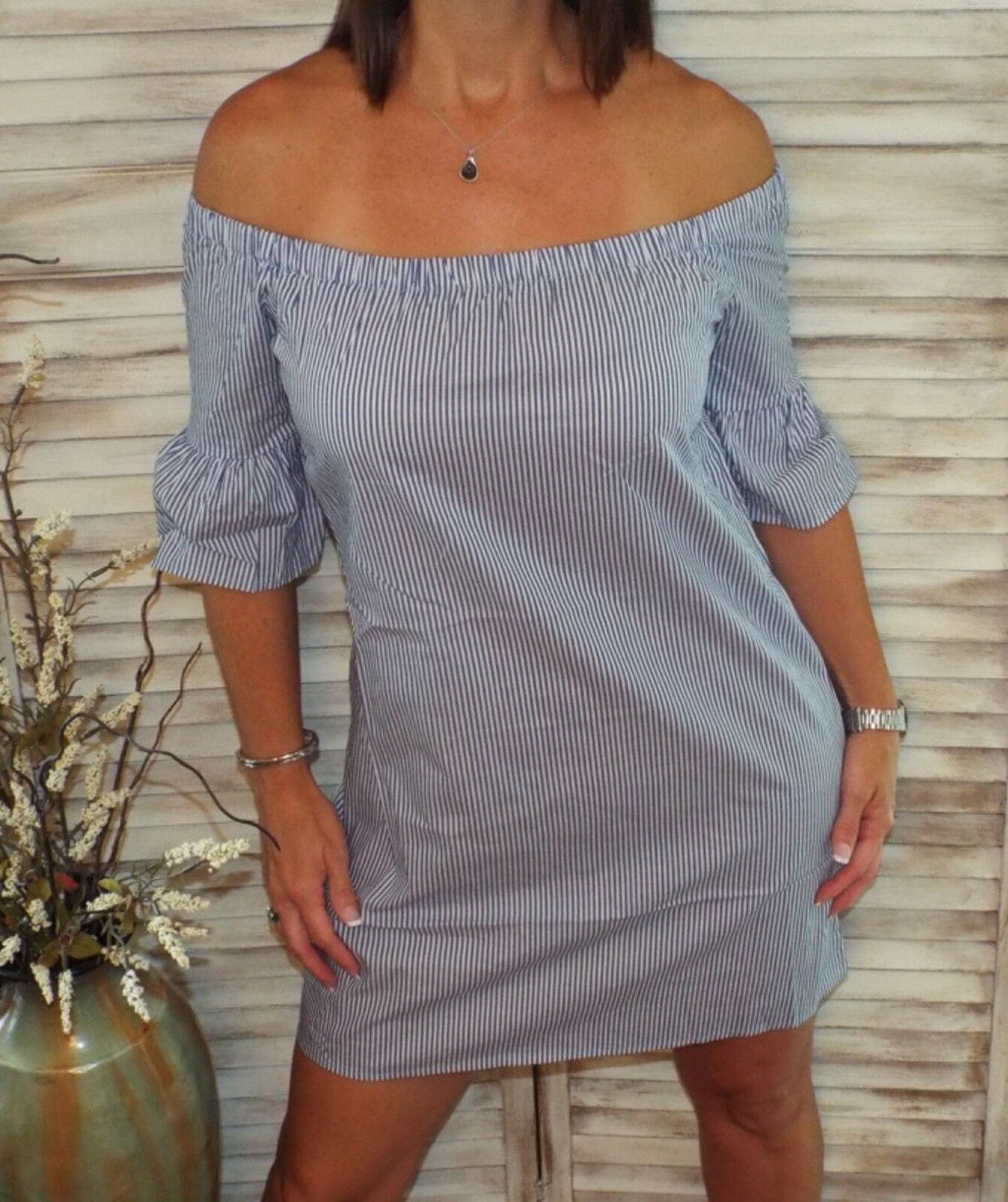 Sexy Pinstriped Off Shoulder Bell Sleeve Dress Sundress Blue White S/M/L