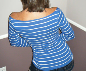 Sexy Boat Neck Preppy Striped Rugby Open Shoulder Stretch Shirt Top Blue S/M/L