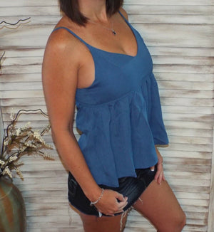 Very Sexy Peplum V-Neck Tie Back Ruched Babydoll Spaghetti Strap Top Blue S/M/L