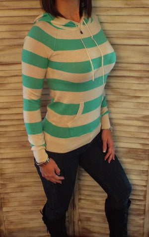 Very Sexy Striped Hoodie Light Sweater Kangaroo Pocket Long Sleeve Mint S/M/L