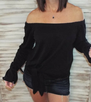 Very Sexy Off Shoulder Tie Front French Terry Blouse Shirt Top Black S/M/L