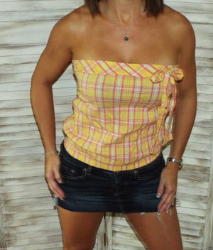 Sexy Strapless Preppy Plaid Bow Summer Tube Top Banded Yellow Pink S/M/L