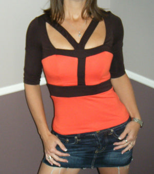 Sexy Cocoa Contrast Color block Retro Urban Club Low Cut Top Orange Brown S/M/L