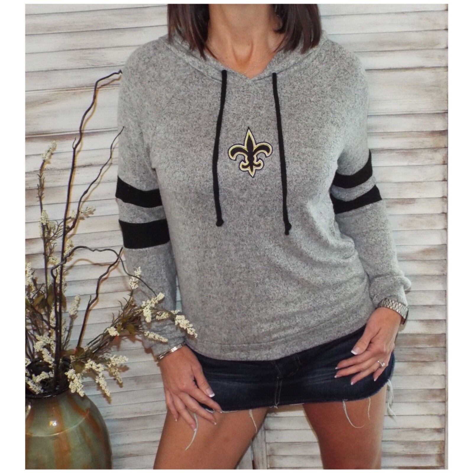 New Orleans Saints Fleur de Lis Contrast Sweater Knit Hoodie L/S Gray S/M/L