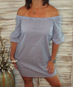 Sexy Pinstriped Off Shoulder Bell Sleeve Dress Sundress Blue White S/M/L