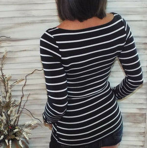 Sexy Boat Neck Preppy Striped Rugby Open Shoulder Stretch Shirt Top Black S/M/L