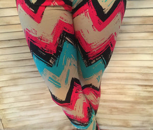 Chevron Print Zigzag Leggings Stretch Lounge Pant Lightweight Blue Maroon Tan OS