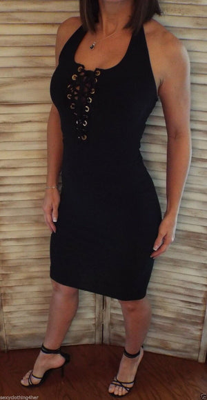Very Sexy Little Black Dress Lace Up Halter V-Neck Form Fitting S/M/L