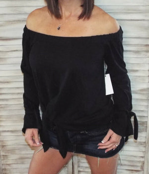 Very Sexy Off Shoulder Tie Front French Terry Blouse Shirt Top Black S/M/L