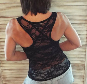 Very Sexy Sleeveless Racerback Lace Sheer Low Cut Cleavage Cami Tank Top Black