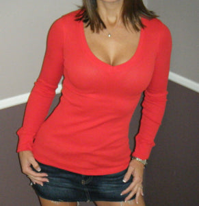 Thermal Waffle Deep V Neck Long Sleeve Cleavage Slimming Shirt Top Red