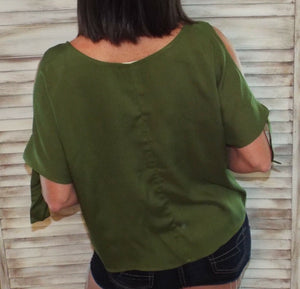 Scoop Cold Shoulder Cutout Dolman Tie Bow Sleeve Top Olive Green S/M/L