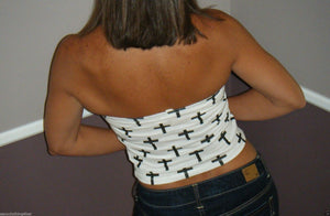 Sexy Cross Print Crop Strapless Urban Clubwear Goth Bustier Tube Top White S/M/L
