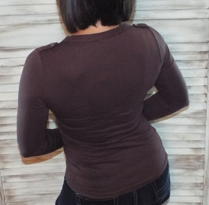 Very Sexy Deep V Neck Cleavage Military Henley Pocket Top Dark Brown S/M/L