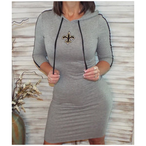 New Orleans Saints Fleur de Lis Hoodie Bodycon Sporty Stretch 3/4 Dress Gray