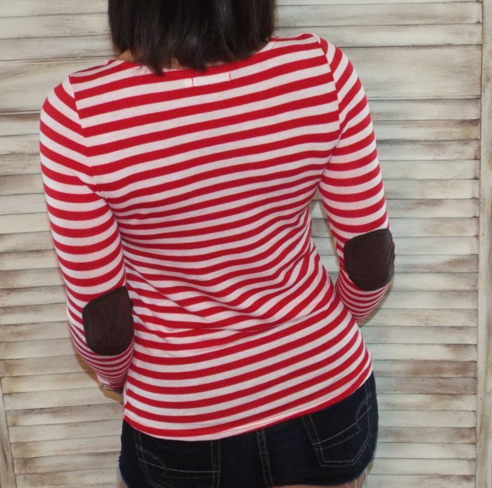 Sexy Nautical Striped Rugby Preppy Elbow Patch Stretch L/S Shirt Red White S/M/L