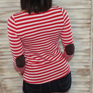 Sexy Nautical Striped Rugby Preppy Elbow Patch Stretch L/S Shirt Red White S/M/L