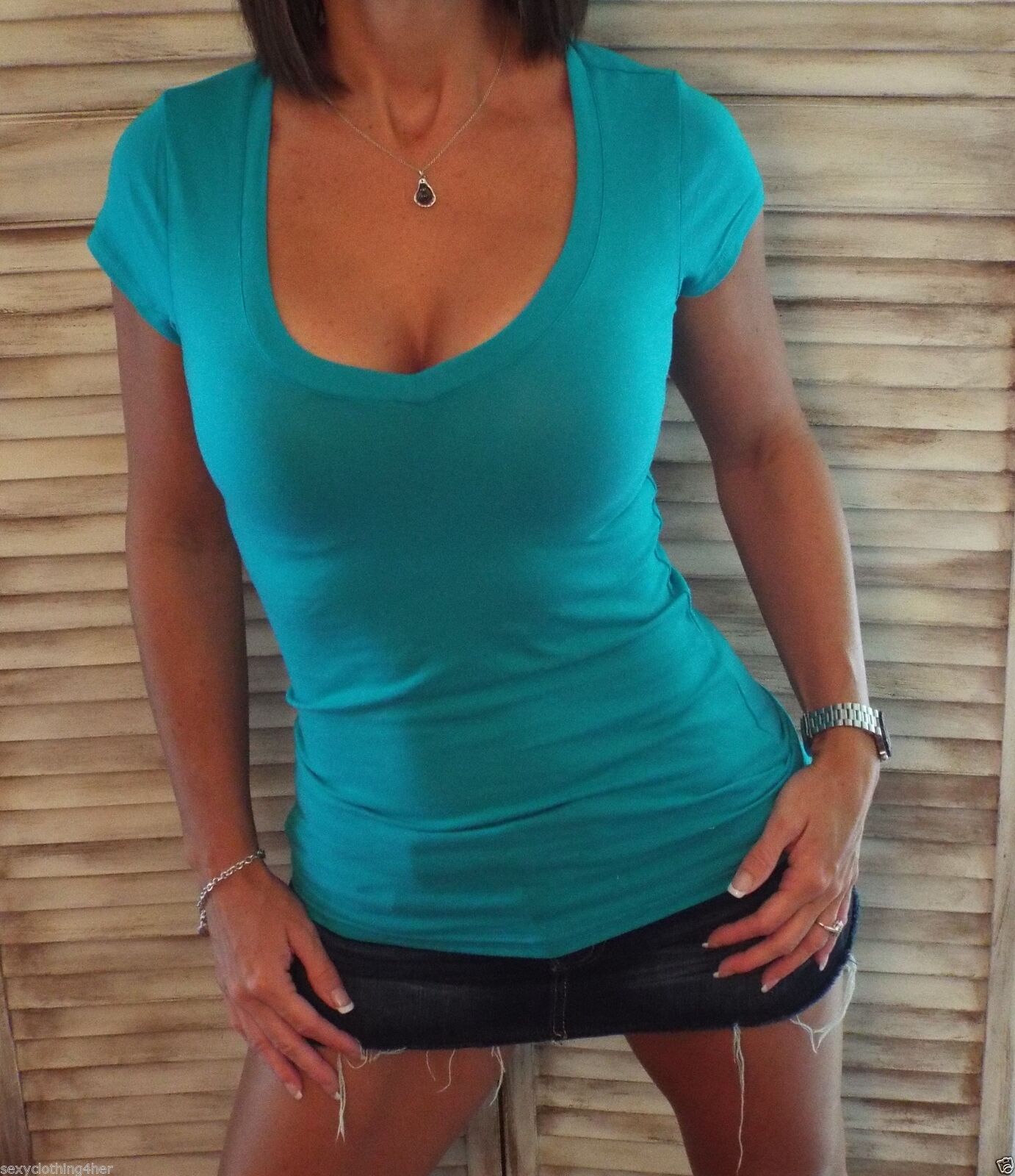 Very Sexy Low Cut V-Neck Cleavage Baby Slimming Basic Tee Shirt Teal 1X/2X/3X