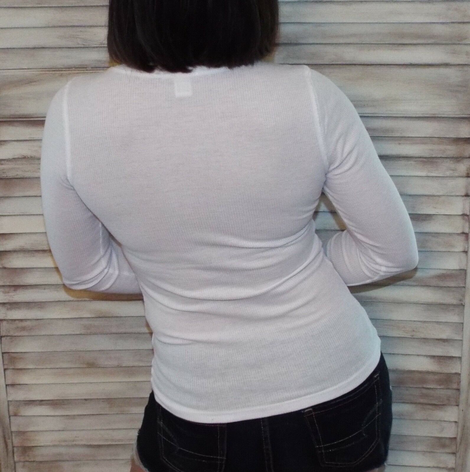 Very Sexy Deep V-Neck Cleavage Thermal Waffle Slimming Shirt Top White S/M/L