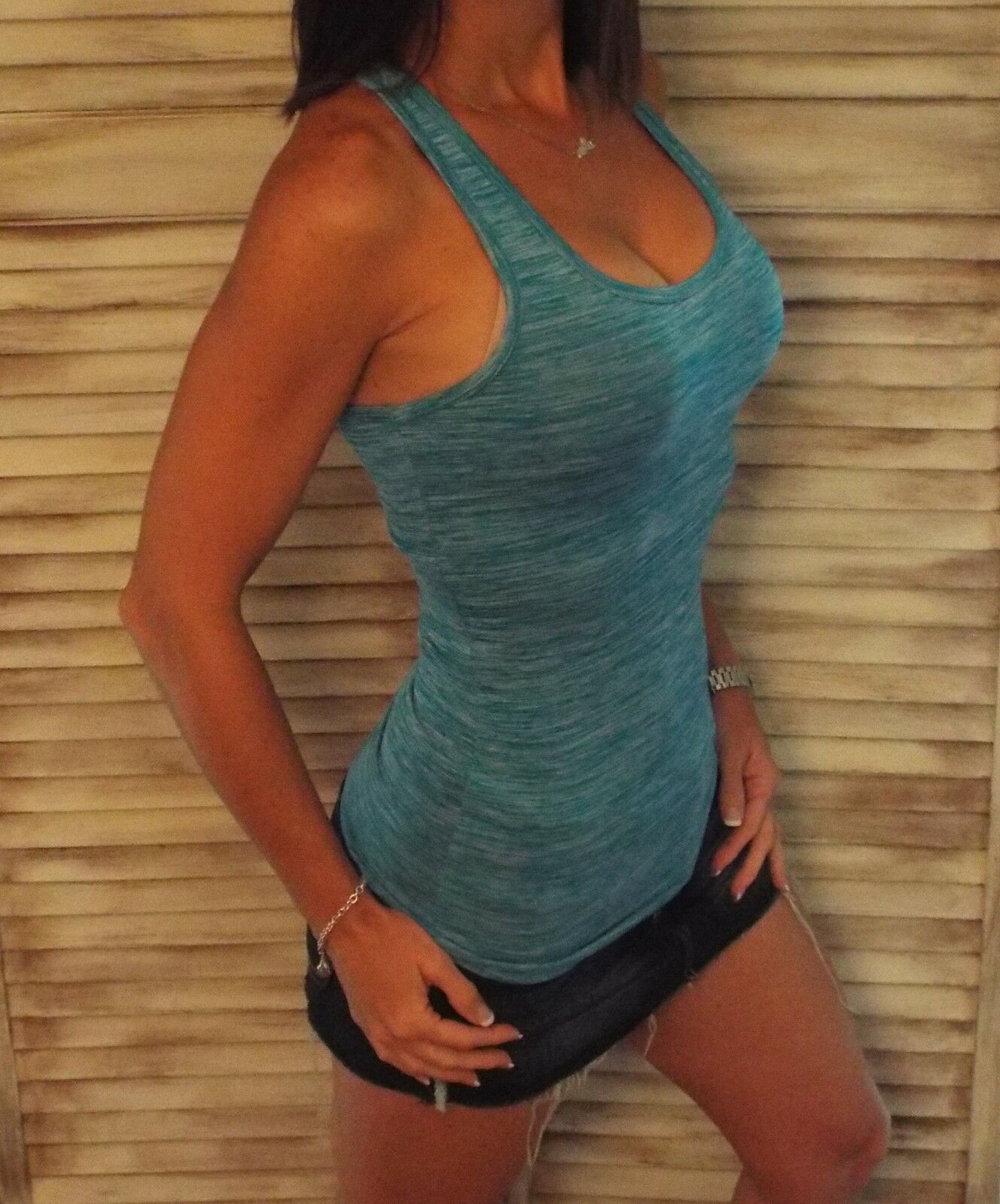 Very Sexy Two Tone Low Cut Cleavage Racerback Summer Tank Top Turquoise S/M/L/XL