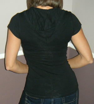 Deep V-Neck Plunge Cleavage Henley Hoodie Top Tee Shirt Black