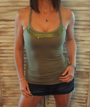 Very Sexy Low Scoop Neck Racerback Sequined Summer Tank Top Shirt Olive S/M/L