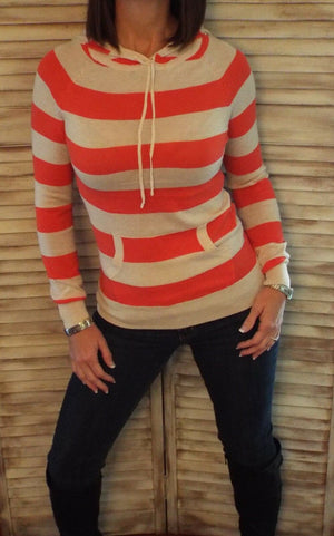 Striped Hoodie Light Sweater Kangaroo Pocket Long Sleeve Coral S/M/L