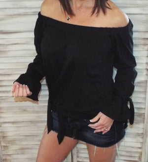 Very Sexy Off Shoulder Tie Front French Terry Blouse Shirt Top Black S/M/L